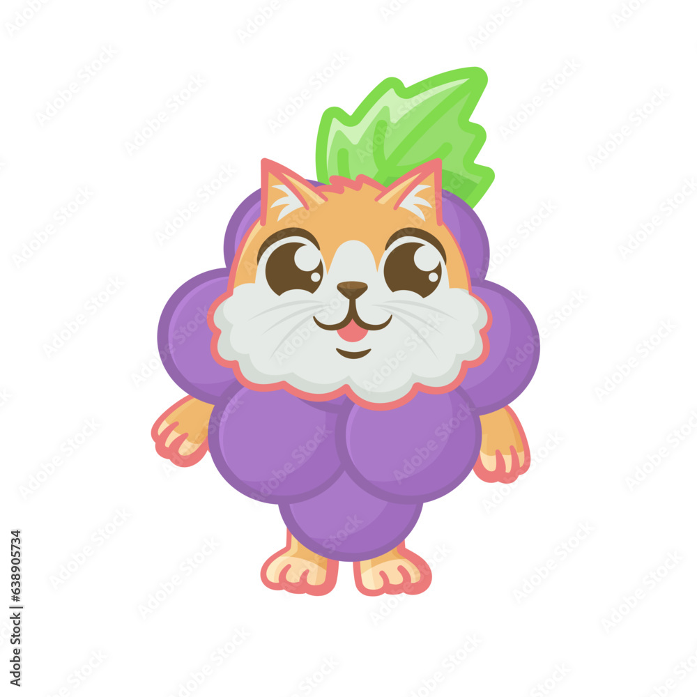 Cheerful happy cat in a grape costume, cartoon vector illustration Cheerful happy cat in a grape costume, cartoon vector illustration