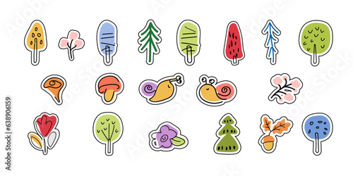 Collection of stickers, trees, mushrooms, snail, flowe
