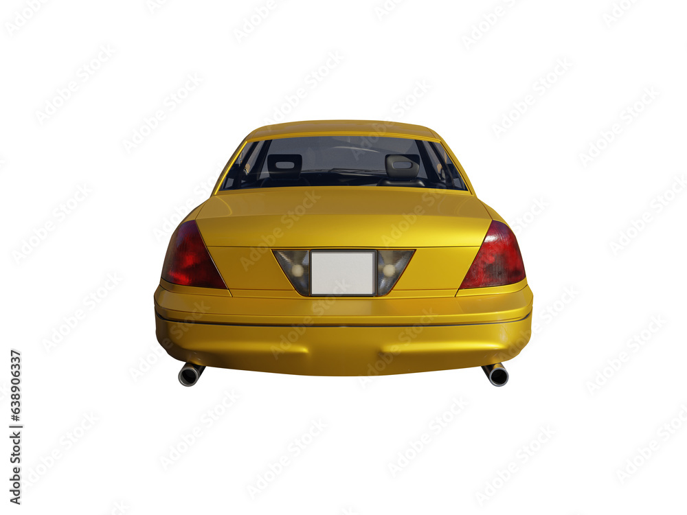Yellow car rear view isolated. 3d render