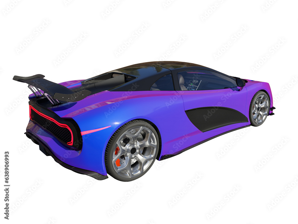 Purple modern sports car side rear view isolated 3d render