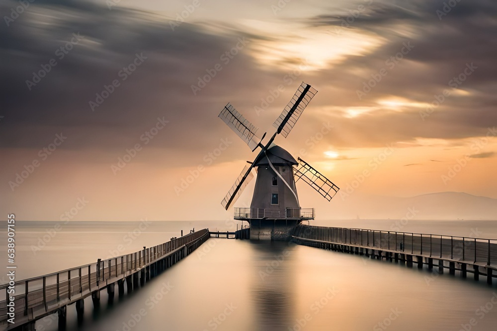 windmill at sunset  Generated Ai