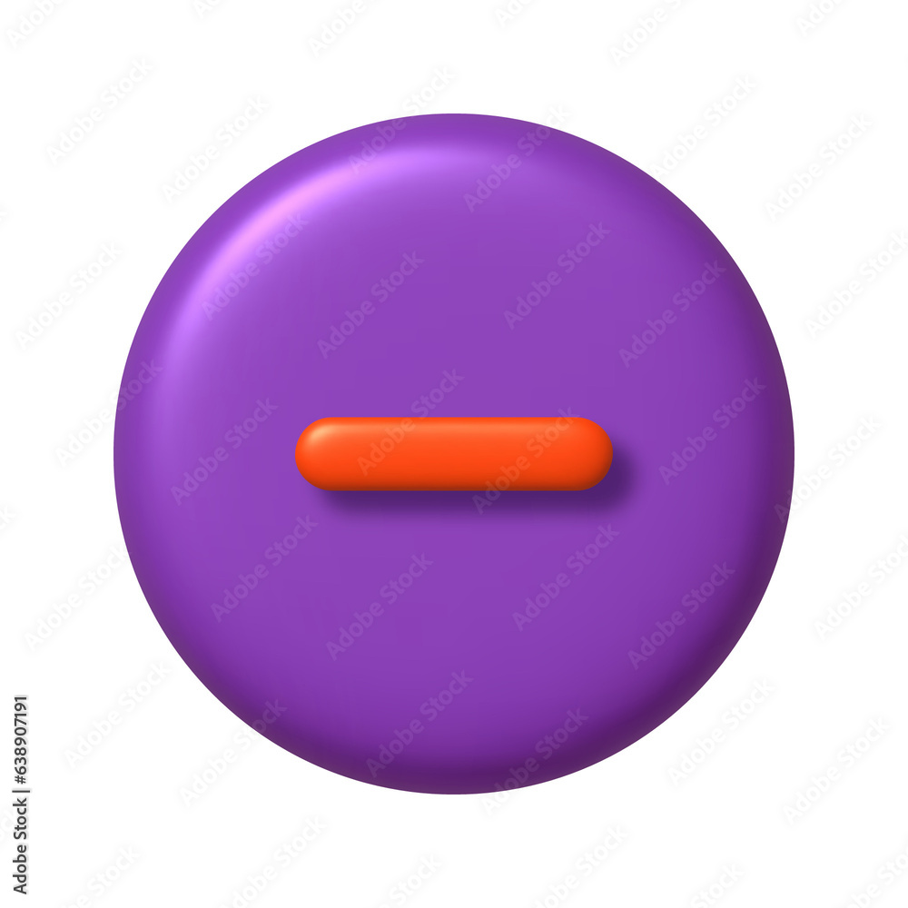Math 3D icon. Orange arithmetic minus sign on purple round button. 3d png realistic design element.