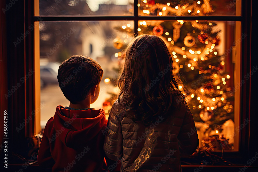 Children Watching Christmas Tree and Decorations Amidst Glowing Window,  a christmas tree with lights outside.