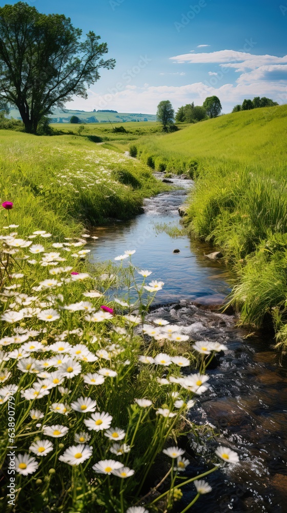 Beautiful Garden with an Amazing Flux of Water near some Rocks. Reflections of the Sun on the Water. Beautiful Garden with an Amazing Flux of Water near some Rocks. Reflections of the Sun on the Water.
