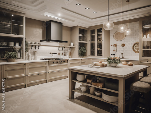 Elegant beige kitchen room with stylish furniture. AI Generate.