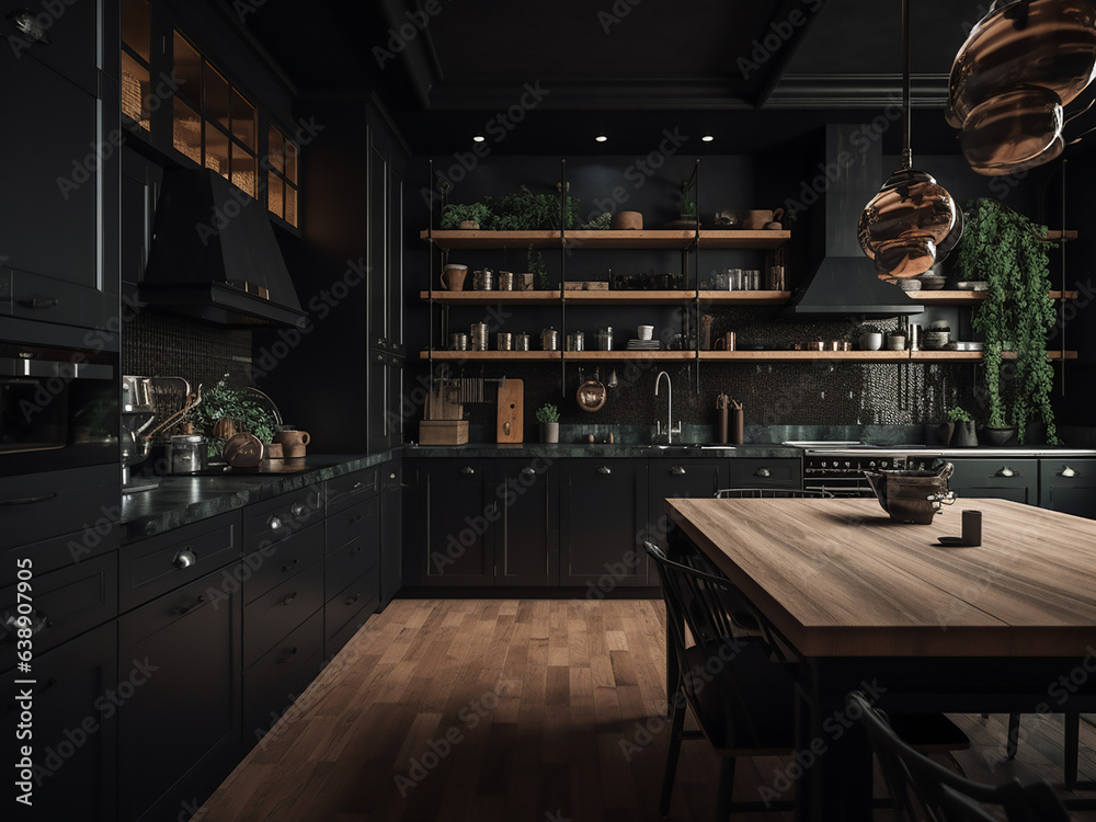 Black kitchen designed for functionality and style. AI Generate.