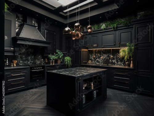 Bright black kitchen room with modern lighting. AI Generate.