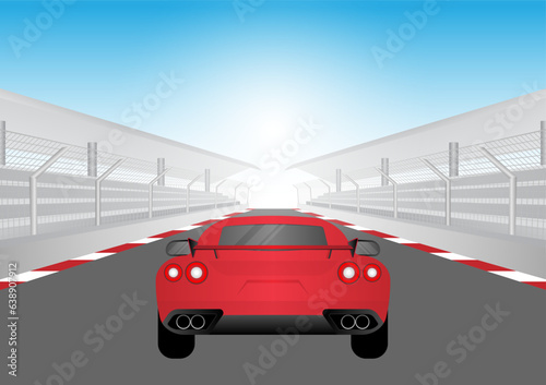 Racing Car Driving on Racing Track. Sport racing track With Stadium. Race track road. Vector Illustration. 