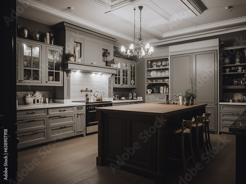 Inviting classic kitchen interior with warm ambiance. AI Generate. © Llama-World-studio