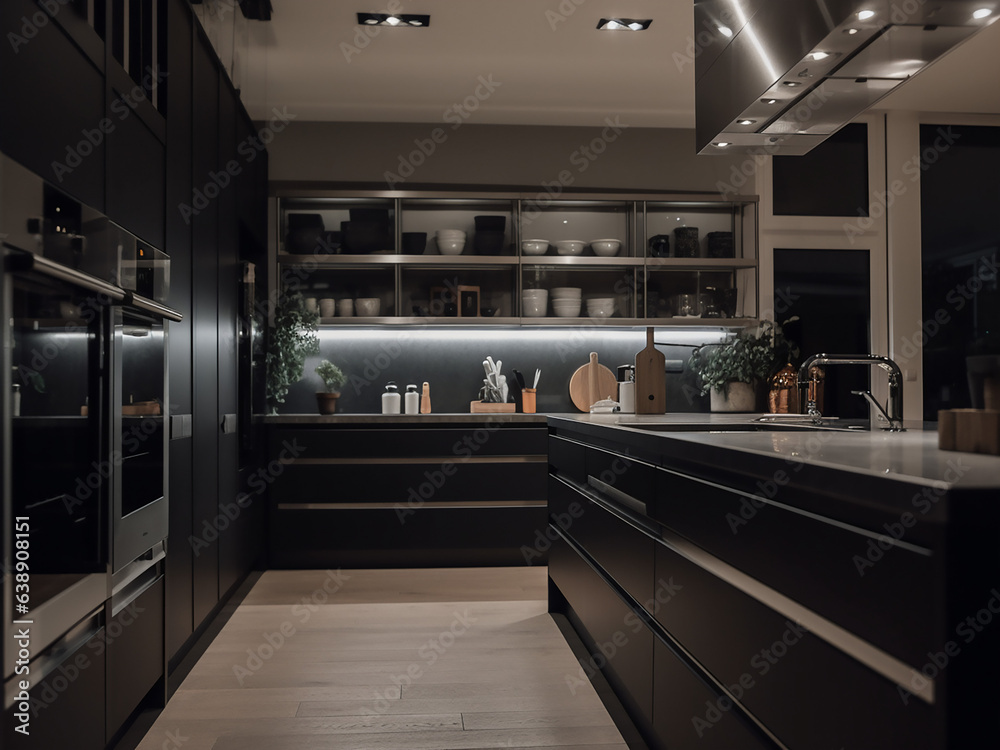 Energy-efficient high-tech kitchen with eco-friendly design. AI Generate.