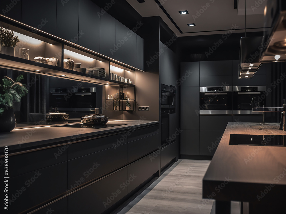 Minimalist high-tech kitchen featuring sleek lines. AI Generate. Minimalist high-tech kitchen featuring sleek lines. AI Generate.