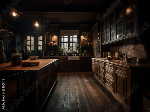 Dark wood kitchen with a touch of elegance. AI Generate.