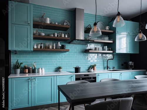 Inviting light blue kitchen interior with chic decor. AI Generate.