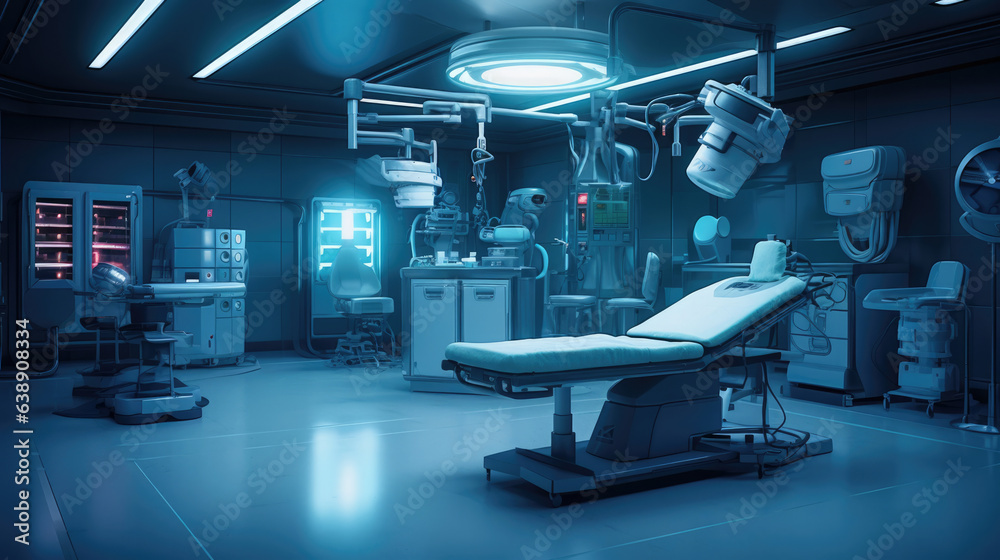 In an advanced operating room with lots of equipment, patient and working surgical specialists In an advanced operating room with lots of equipment, patient and working surgical specialists