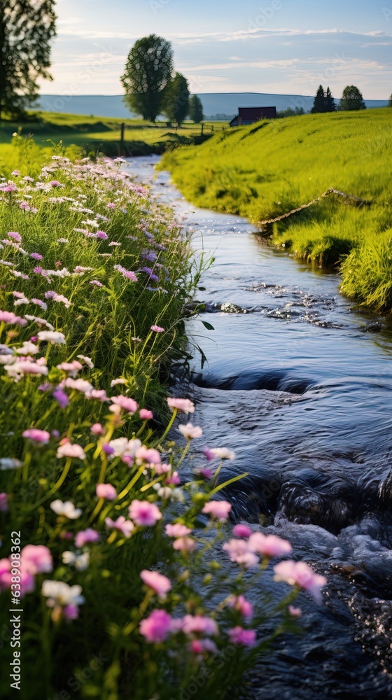 Beautiful Garden with an Amazing Flux of Water near some Rocks. Reflections of the Sun on the Water.