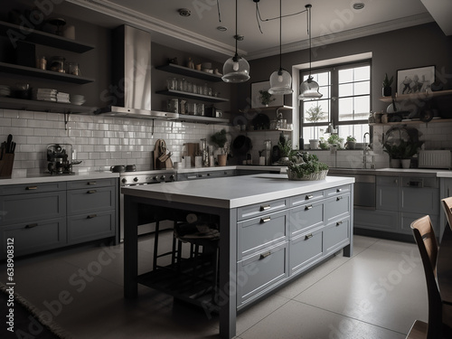 Bright and airy light grey kitchen space. AI Generate.