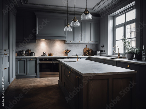 Cozy light grey kitchen with a fresh feel. AI Generate.