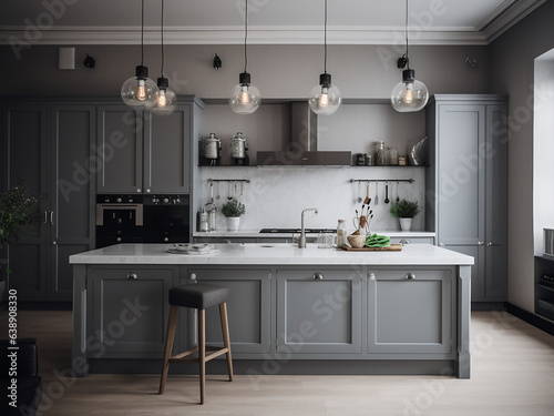 Light grey kitchen interior complemented by white tones. AI Generate.