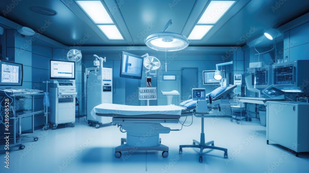 In an advanced operating room with lots of equipment, patient and working surgical specialists In an advanced operating room with lots of equipment, patient and working surgical specialists