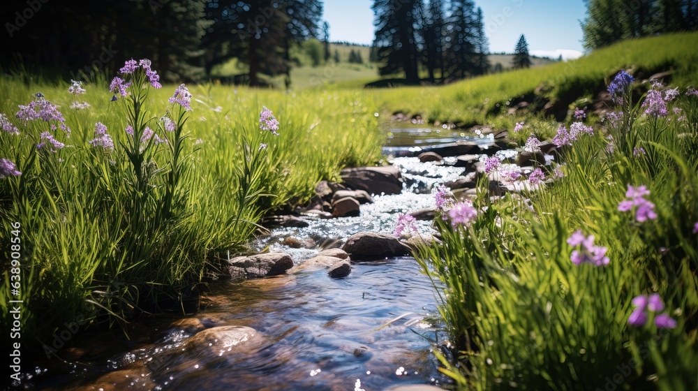 Beautiful Garden with an Amazing Flux of Water near some Rocks. Reflections of the Sun on the Water. Beautiful Garden with an Amazing Flux of Water near some Rocks. Reflections of the Sun on the Water.