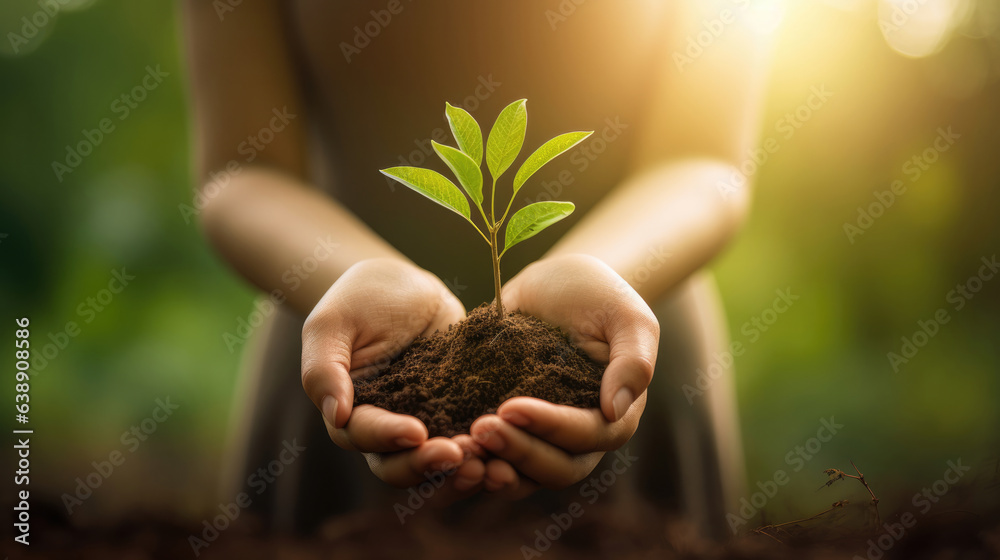 Fototapeta premium Environment Earth Day In the hands of trees growing seedlings.