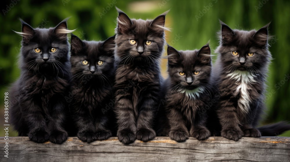 Group of black maine coon kittens posing together outdoors