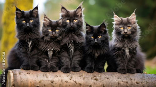 Group of black maine coon kittens posing together outdoors © Sasint