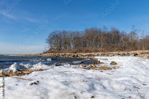 Low angle winter view along coastline of Greenwich Point, Greenwich, CT, USA with ice or slush forming at edge of coastline with leafless tree in background against a clear blue sky