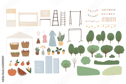 Set of summer market illustrations, fair equipment vector clipart, festival in park clip art, Flat style images, flags, grocery, tent, clothes, hanger, garland, vegetable, awning, kiosk, plant.
