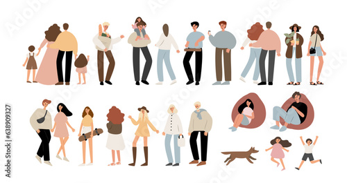 Set of people walking at summer market illustration, Flat style vector images clipart, person, man, woman, male, boy, kid, child, old, elderly, young, muslim, black, family, couple, Diversity, dog.