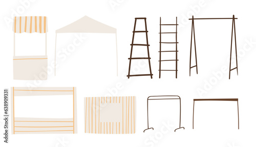 Set of summer market illustrations, fair equipment vector clipart, festival in park clip art, Flat style images, flags, grocery, tent, clothes, hanger, garland, vegetable, awning, kiosk, plant.