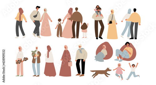 Set of people walking at summer market illustration, Flat style vector images clipart, person, man, woman, male, boy, kid, child, old, elderly, young, muslim, black, family, couple, Diversity, dog.