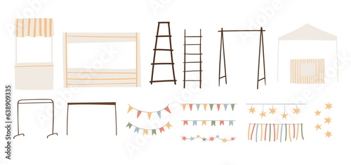 Set of summer market illustrations, fair equipment vector clipart, festival in park clip art, Flat style images, flags, grocery, tent, clothes, hanger, garland, vegetable, awning, kiosk, plant.