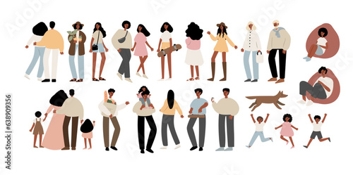 Set of people walking at summer market illustration, Flat style vector images clipart, person, man, woman, male, boy, kid, child, old, elderly, young, muslim, black, family, couple, Diversity, dog.