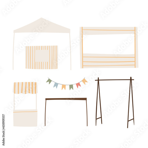 Set of summer market illustrations, fair equipment vector clipart, festival in park clip art, Flat style images, flags, grocery, tent, clothes, hanger, garland, vegetable, awning, kiosk, plant.