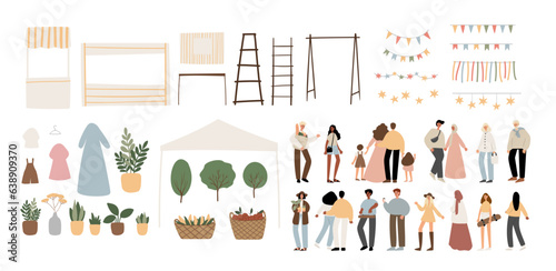 summer market creator clipart set, people walking at fair vector illustration png svg, festival in park clip art, party images in flat style, elderly, muslim, black people, couple, family, holiday.