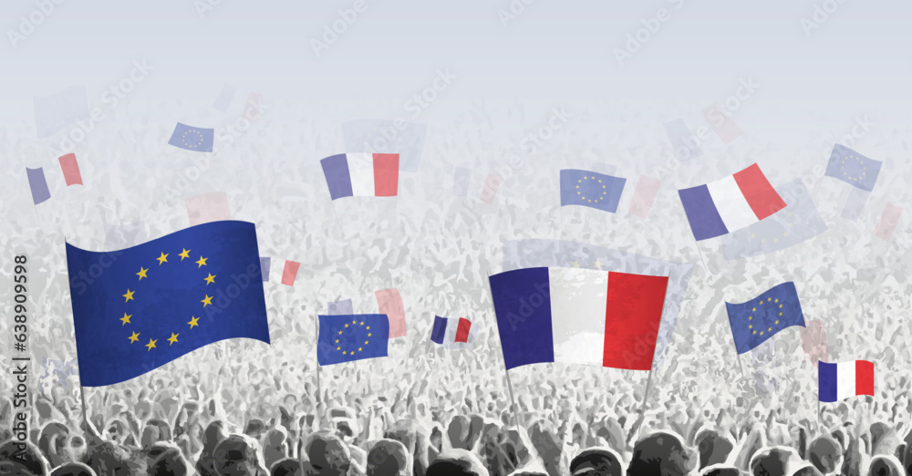Obraz premium Crowd with flag of European Union and France, people of France with flag of EU.
