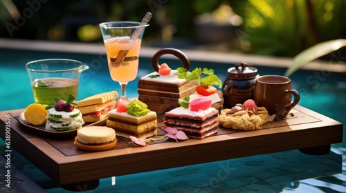 Afternoon tea set on swimming pool at the beach with cake,bakery,pastry and dessert. Generative Ai	
