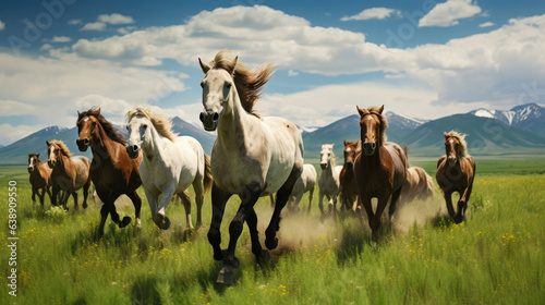 Horse herd run in beautiful green meadow © Sasint