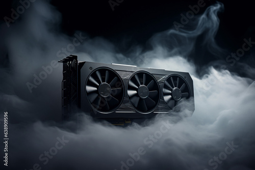 New mystery GPU graphic card in smoke. Ai generative unknown gaming video card with 3 cooler showing in dark photo