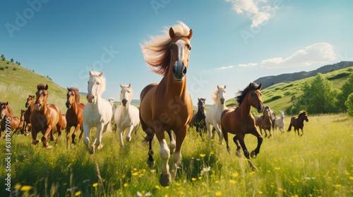 Horse herd run in beautiful green meadow