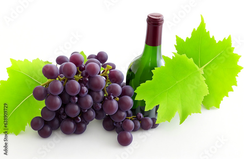 Bottle of red wine with ripe grapes and vine leaves on white background.