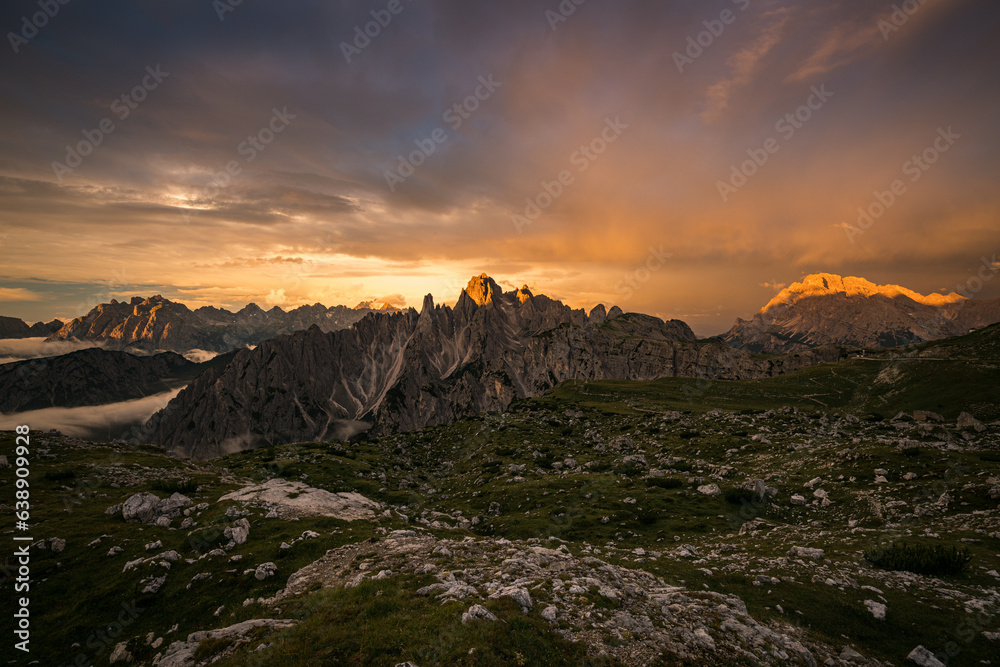 View of Cadini di Misurina at sunset, Auronzo di Cadore, Dolomites, Italy