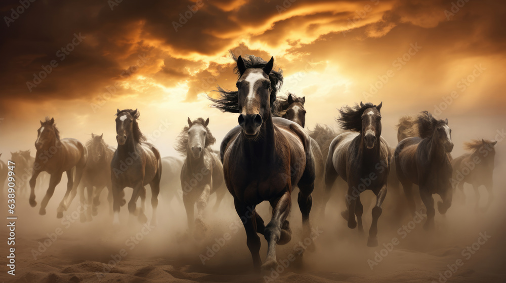 Fototapeta premium Horse herd run in desert sand storm against dramatic sunset sky