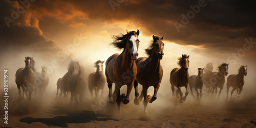 Horse herd run in desert sand storm against dramatic sunset sky © Sasint