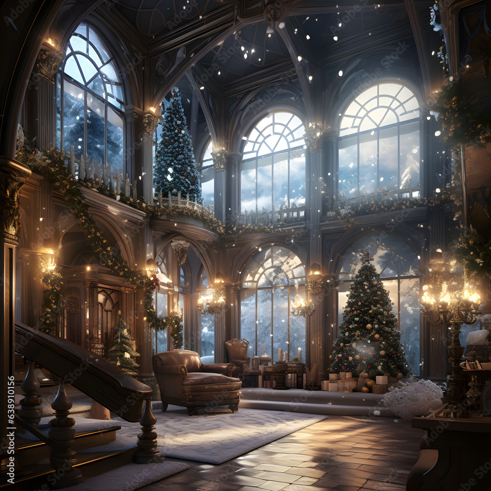 Beautiful fantasy Christmas setting inside Mansion, Village, House, Living room and Fantasy Town. 