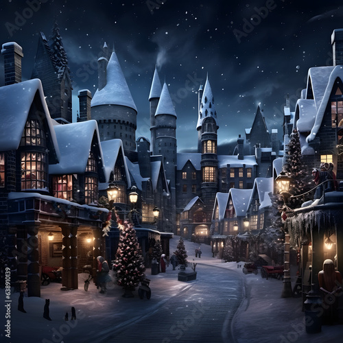 Beautiful fantasy Christmas setting inside Mansion, Village, House, Living room and Fantasy Town.