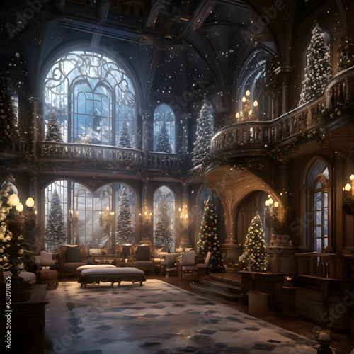 Beautiful fantasy Christmas setting inside Mansion  Village  House  Living room and Fantasy Town. 