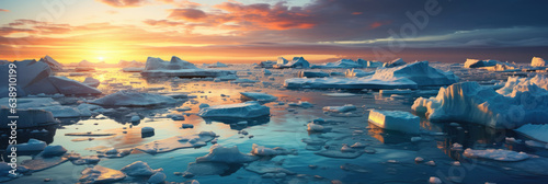 Ice sheets melting in the arctic ocean or waters. Global warming, climate change, greenhouse gas, ecology concept.