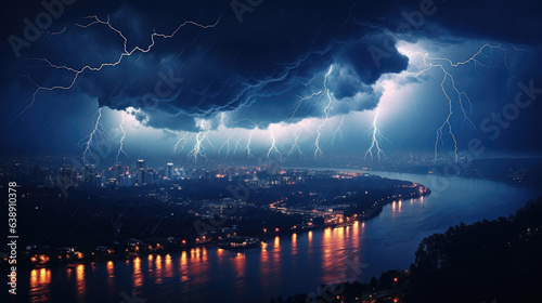 Lightning storm over city in light at night